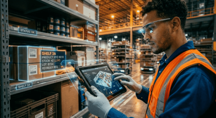 a warehouse worker using a tablet interface with augmented reality overlays showing inventory data.
