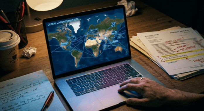 glowing digital map with moving shipment icons