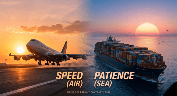 one side a cargo plane taking off at sunrise, the other a massive container ship at sunset.