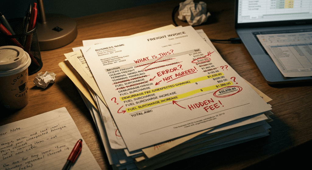 a stack of shipping invoices with red scribbles and unexpected charges highlighted