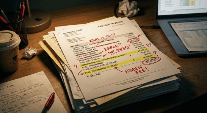 a stack of shipping invoices with red scribbles and unexpected charges highlighted