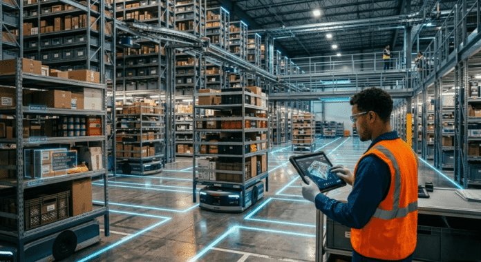 A high-resolution futuristic warehouse interior with glowing pathways