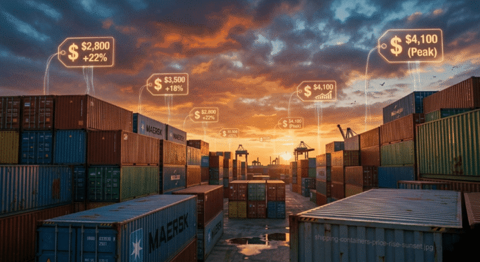 cinematic image of stacked shipping containers with price tags