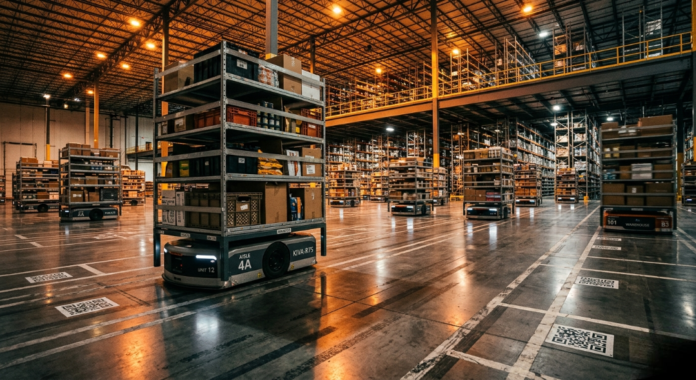 warehouse robots carrying racks across a vast floor