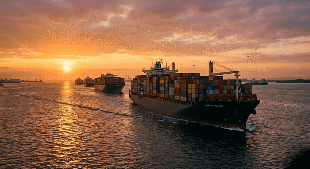 massive cargo ships at sunset